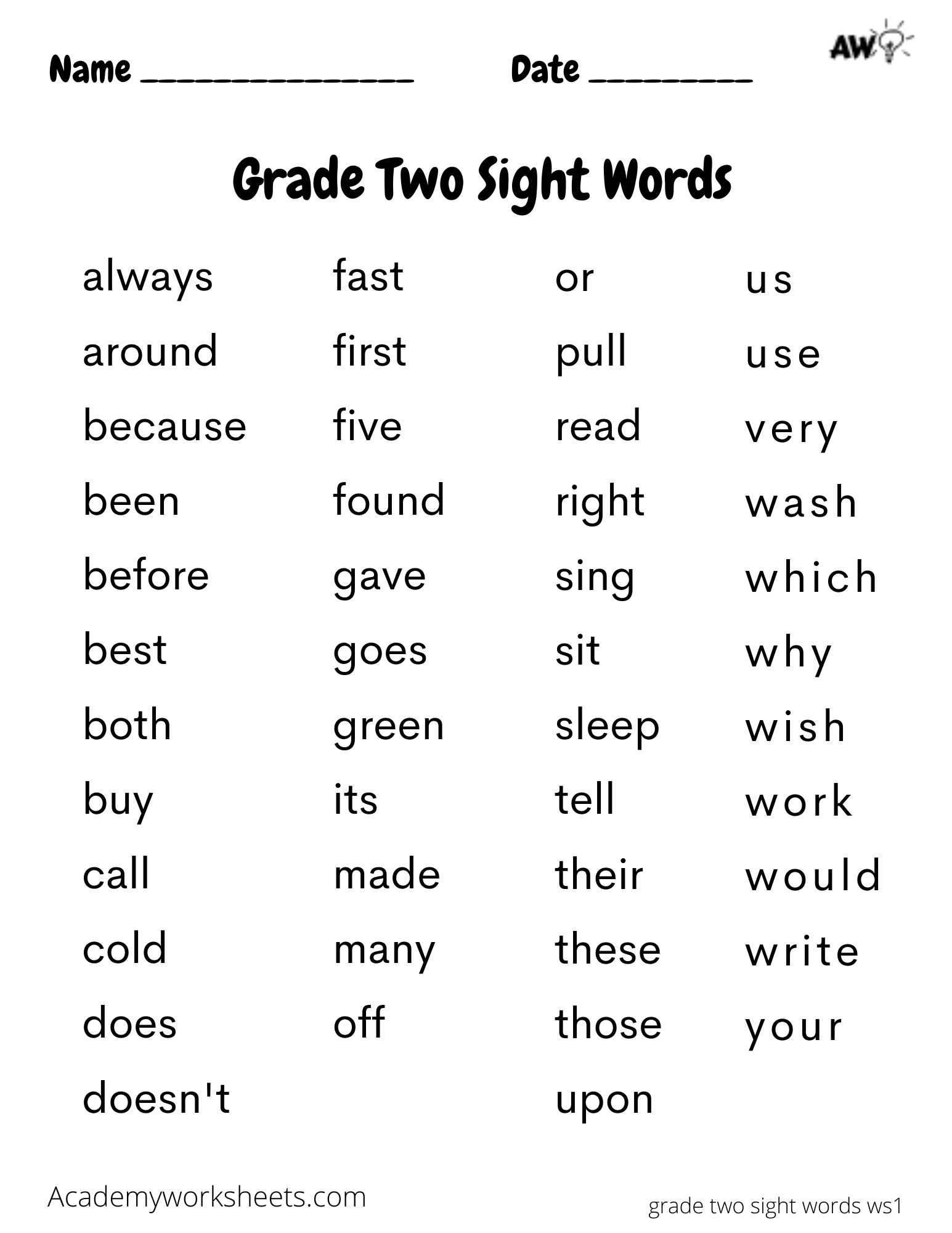 2nd Grade Sight Words Dolch Academy Worksheets