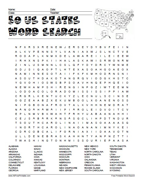 50 US States Word Search Free Printable