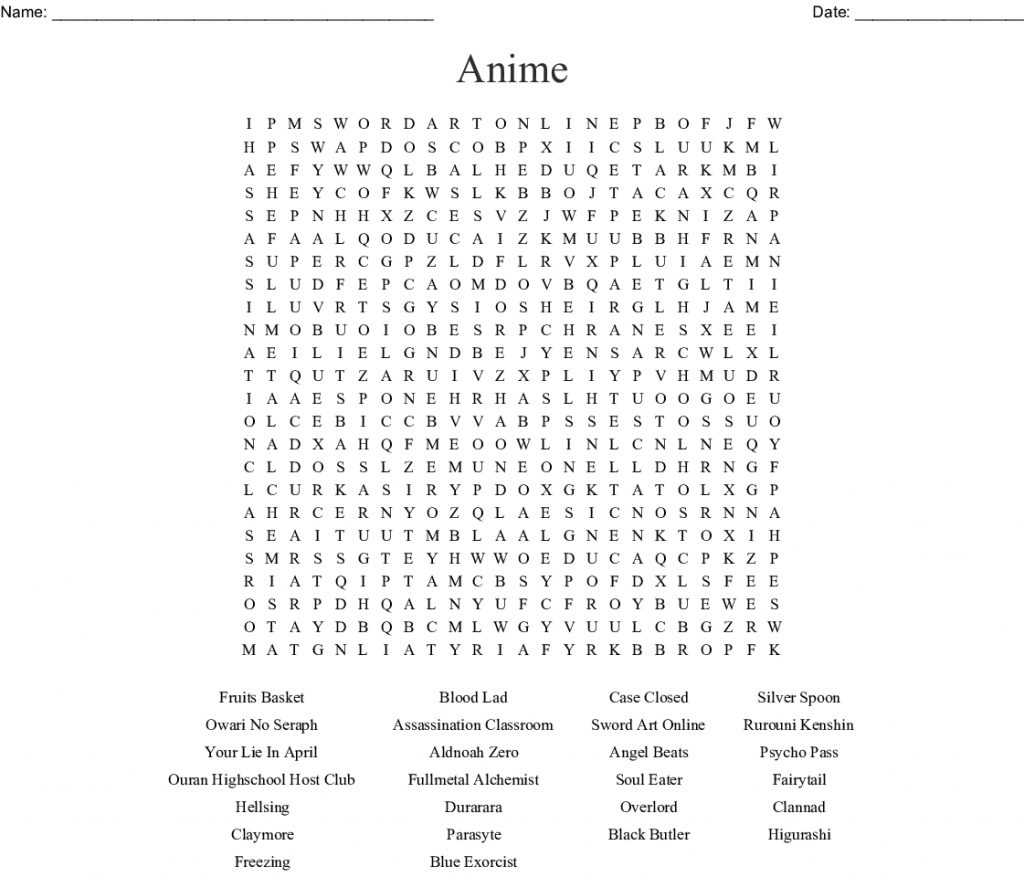 Anime Tv Shows Word Search Wordmint Word Search Printable