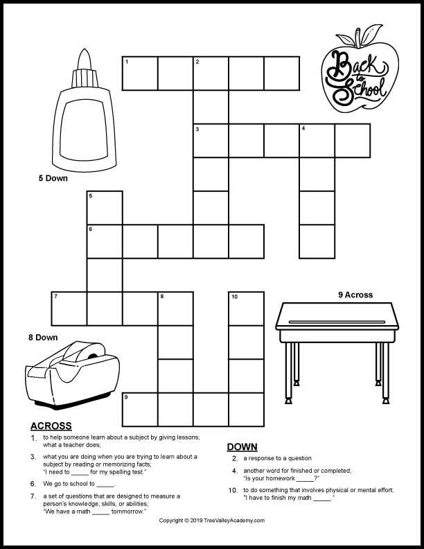 Back To School Crossword Puzzles Tree Valley Academy