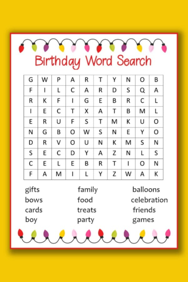 Birthday Party Word Search Printable