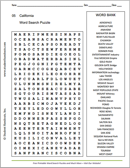 California Cities And Landmarks Word Search Puzzle Student Handouts