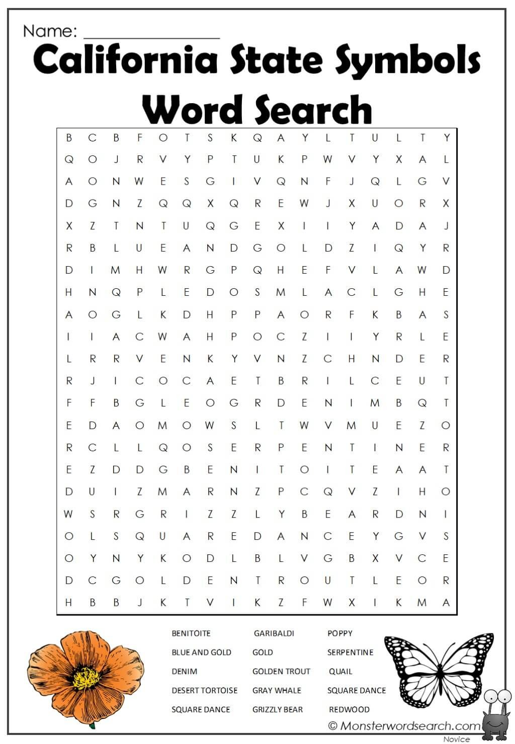 California State Symbols Word Search Monster Word Search