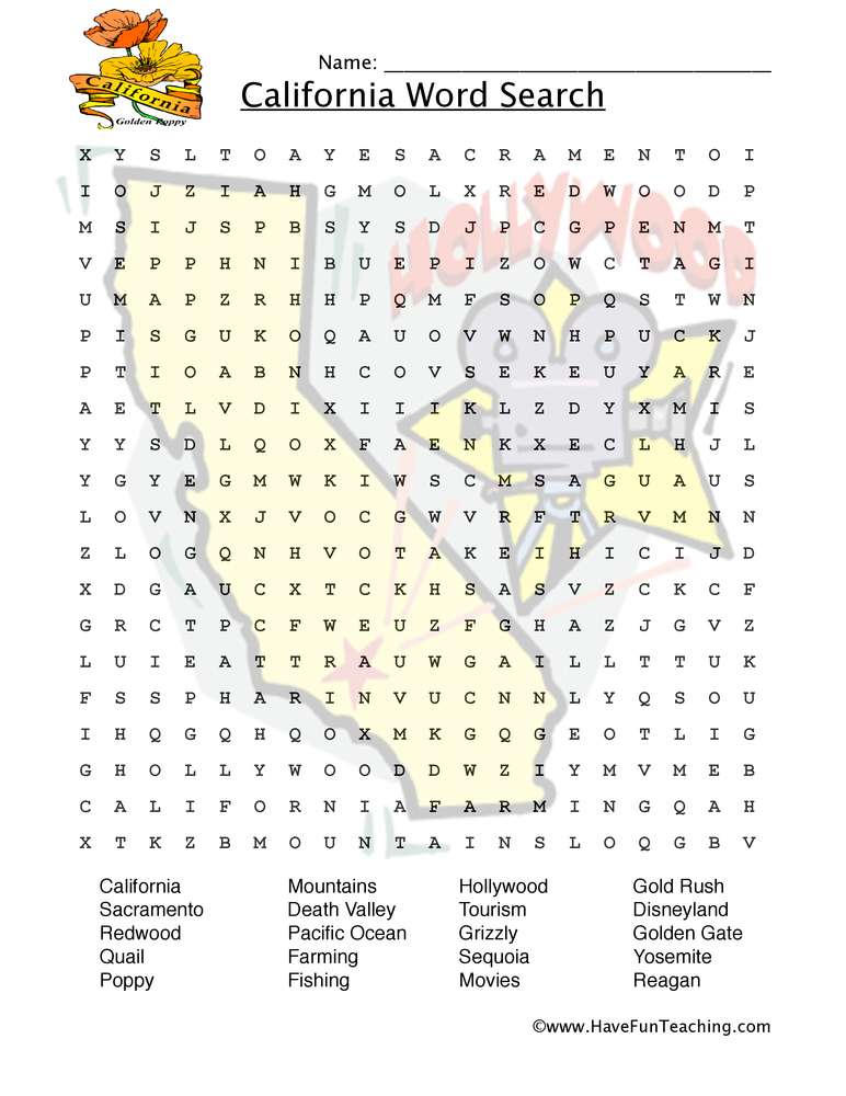 California Word Search Worksheet Have Fun Teaching