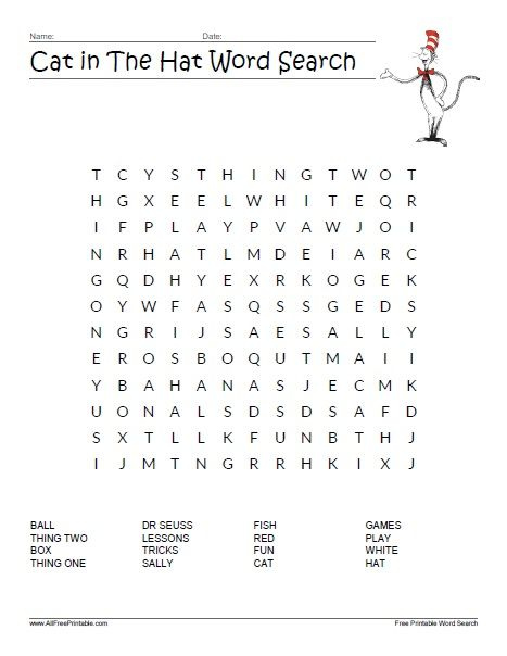 Cat In The Hat Word Search Dr Seuss Activities Dr Seuss Printables 