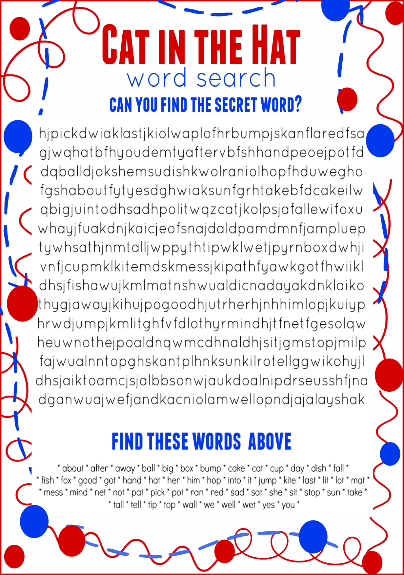 Cat In The Hat Word Search FREE Printable Dr Seuss Birthday Free