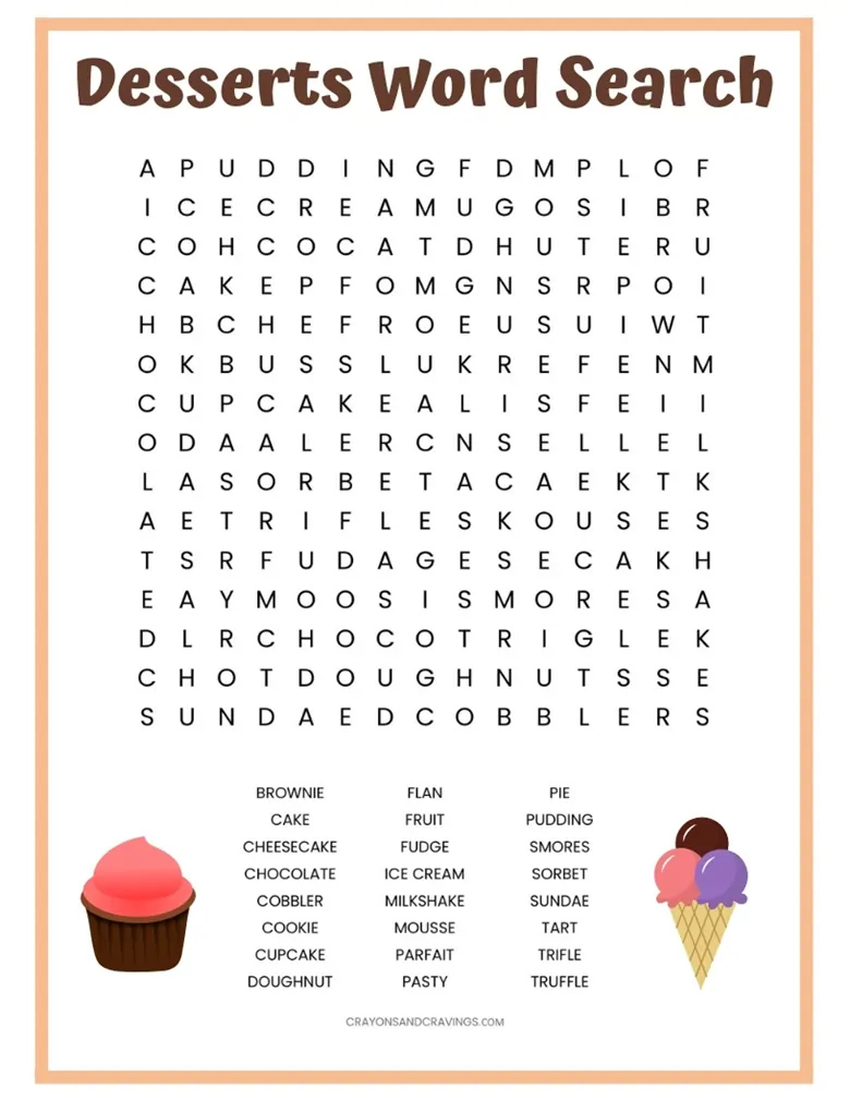 Desserts Word Search Free Printable Worksheet