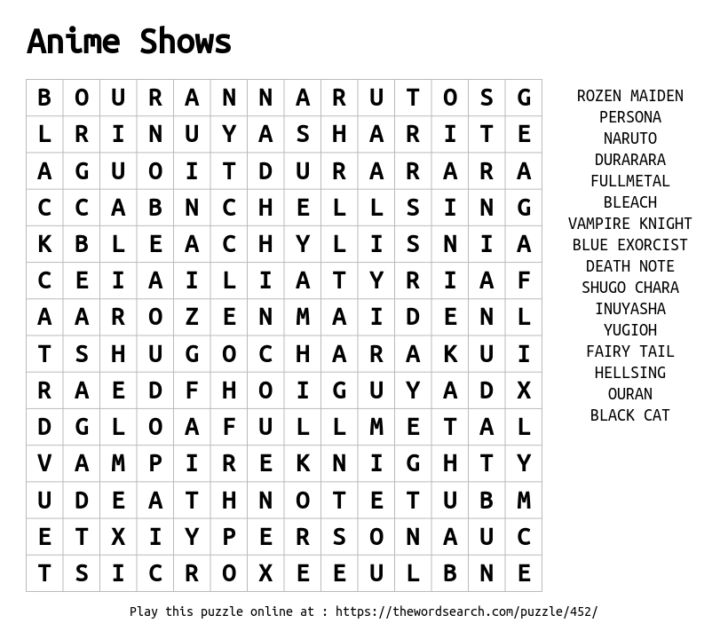 Anime Word Search Printable