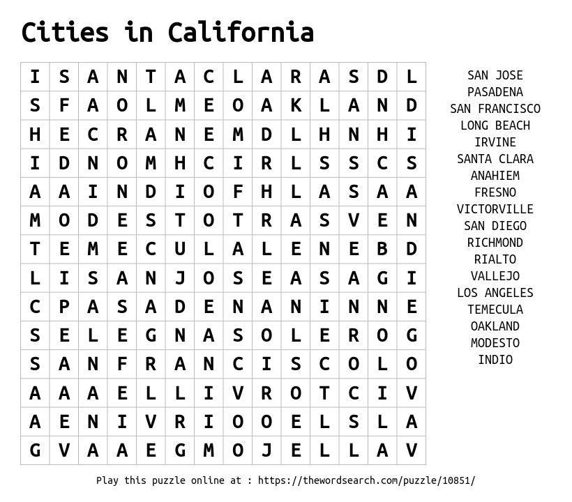 Download Word Search On Cities In California