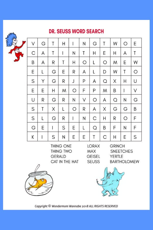 Dr Seuss Word Search For Kids