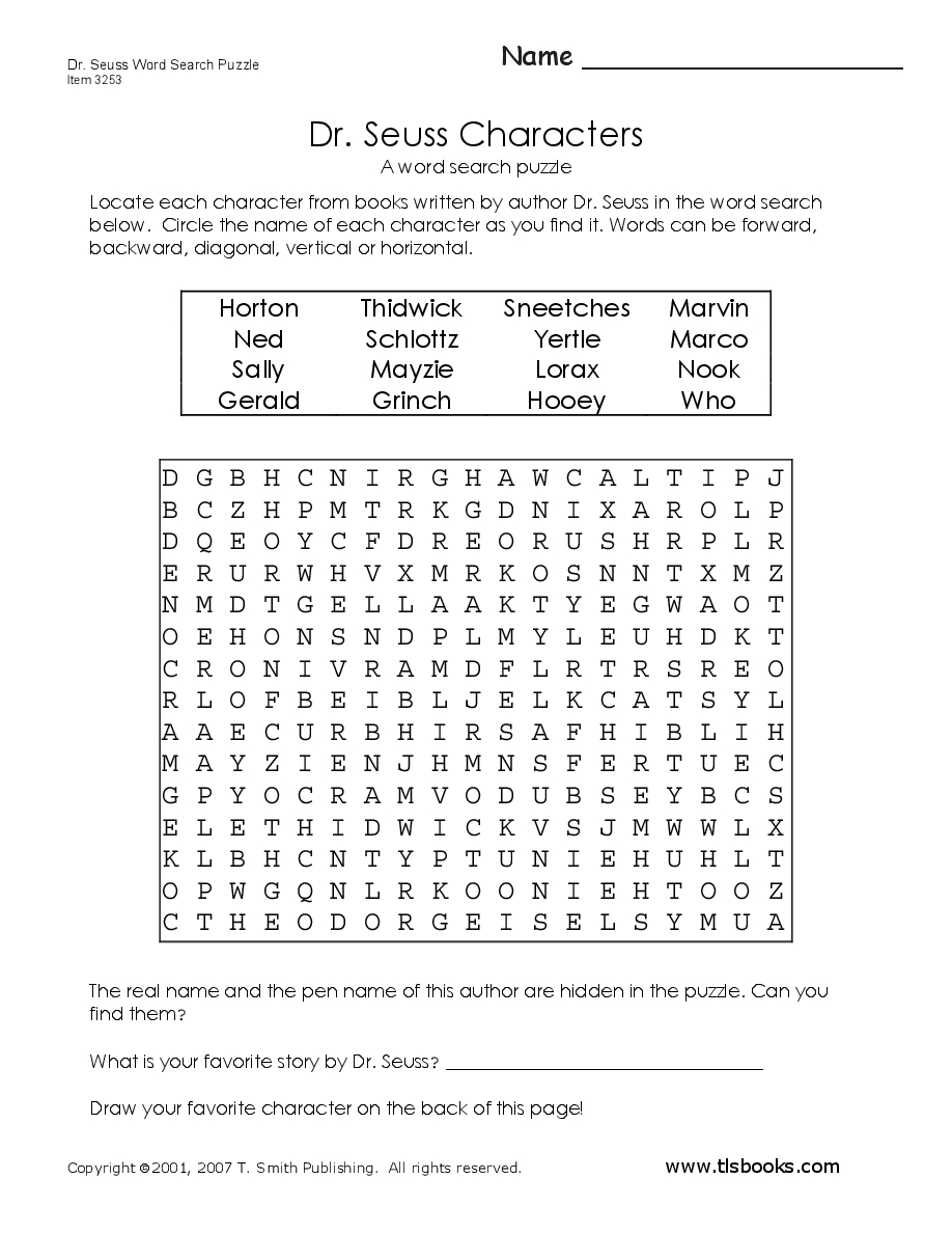 Dr Seuss Word Search Printable Word Search Printable