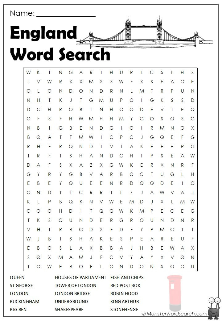 England Word Search Monster Word Search