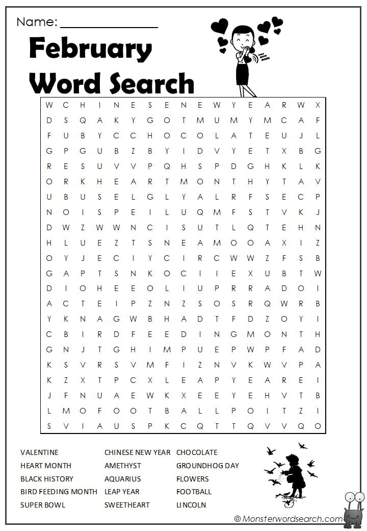 February Word Search Monster Word Search