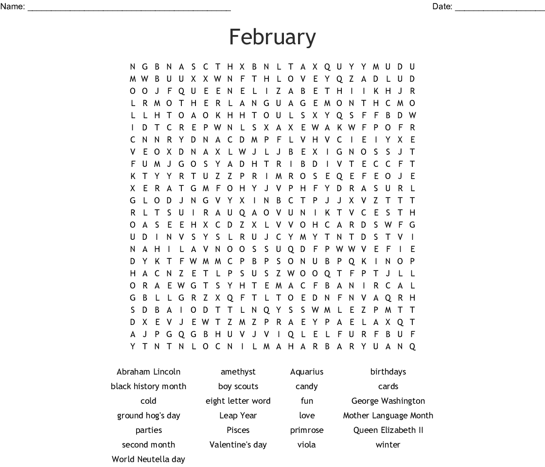 February Word Search WordMint