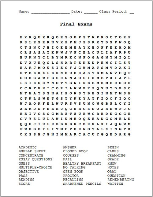 Final Exams Word Search Puzzle Free To Print PDF File For Grades 7 