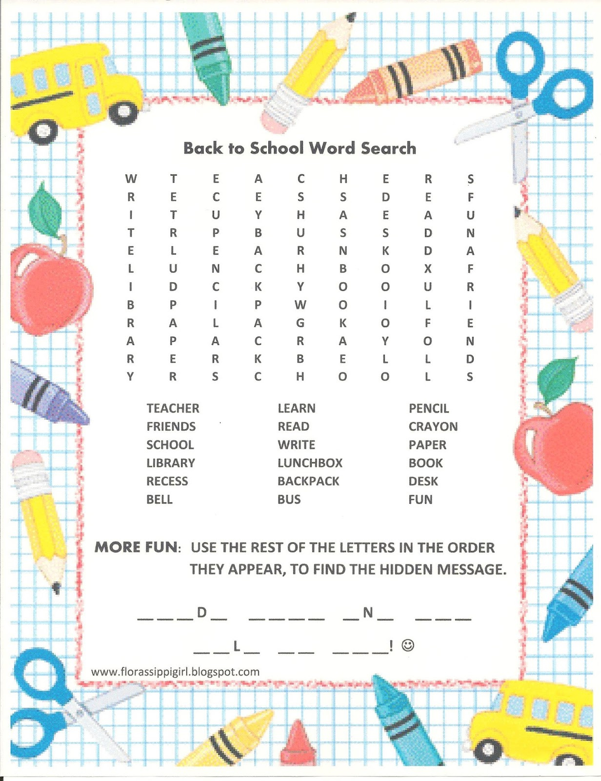 Florassippi Girl Back To School Word Search Free Printable