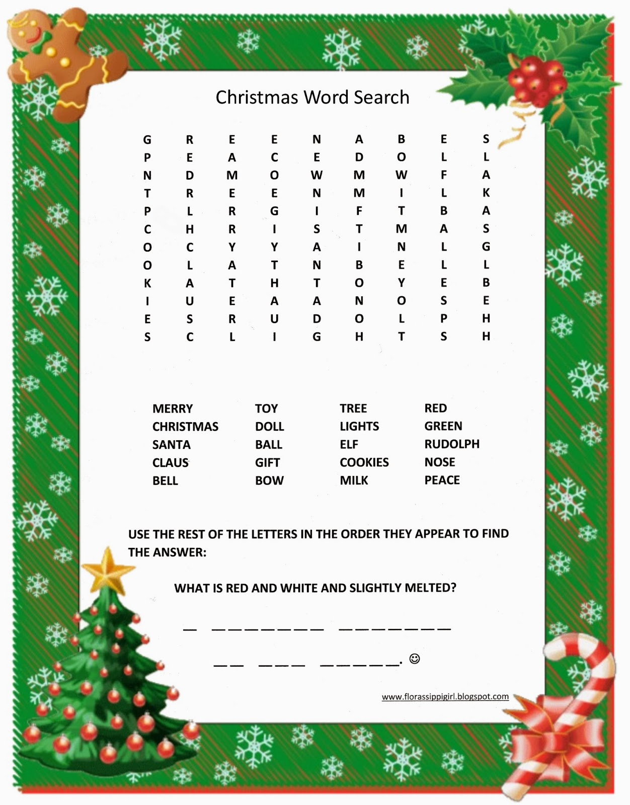 Florassippi Girl Christmas Word Search Free Printable