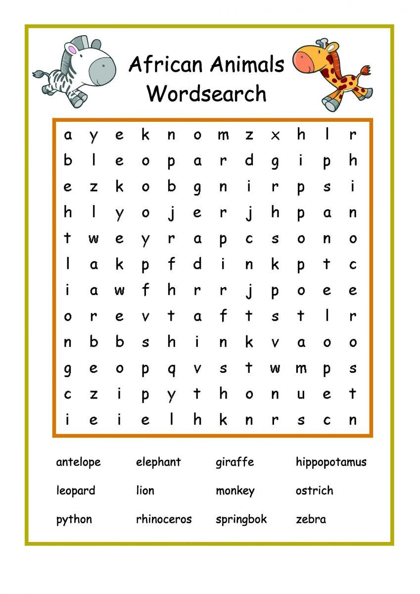 Free Easy Word Search African K5 Worksheets African Animals Easy 