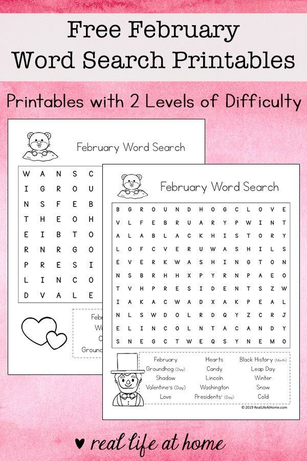 Free February Word Search Printables For Kids with 2 Levels Of 