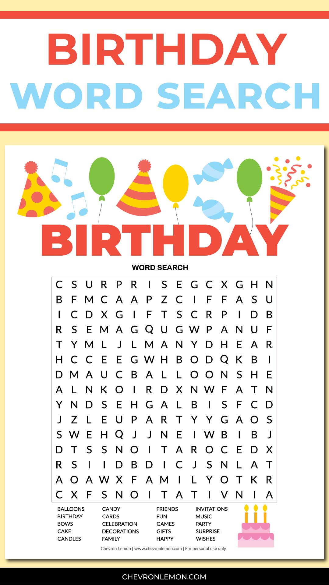 Free Printable Birthday Word Search Chevron Lemon