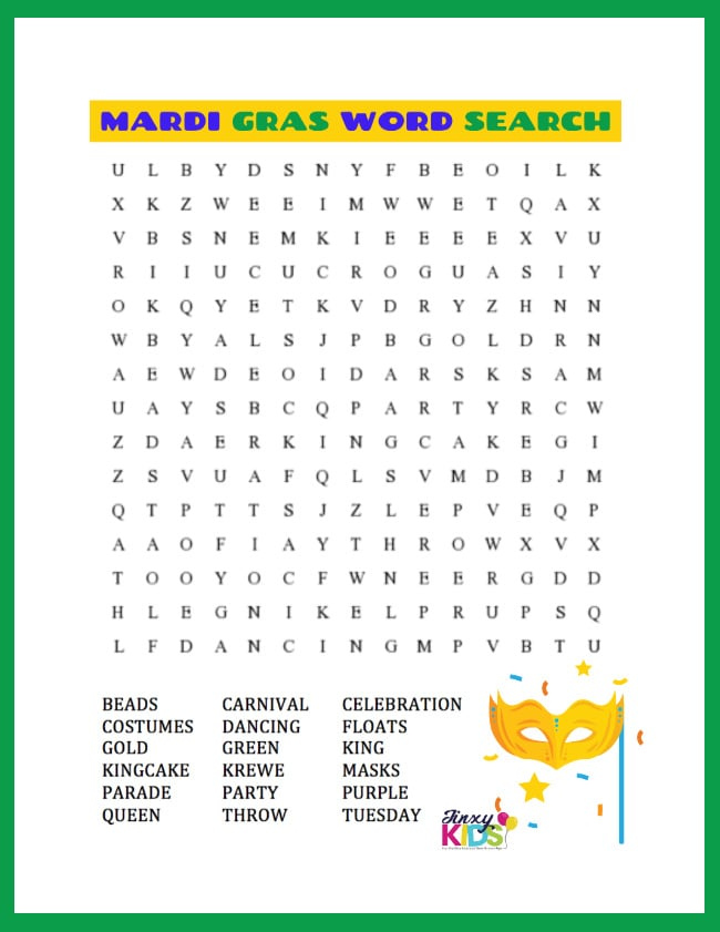 Free Printable Mardi Gras Word Search Puzzle Jinxy Kids