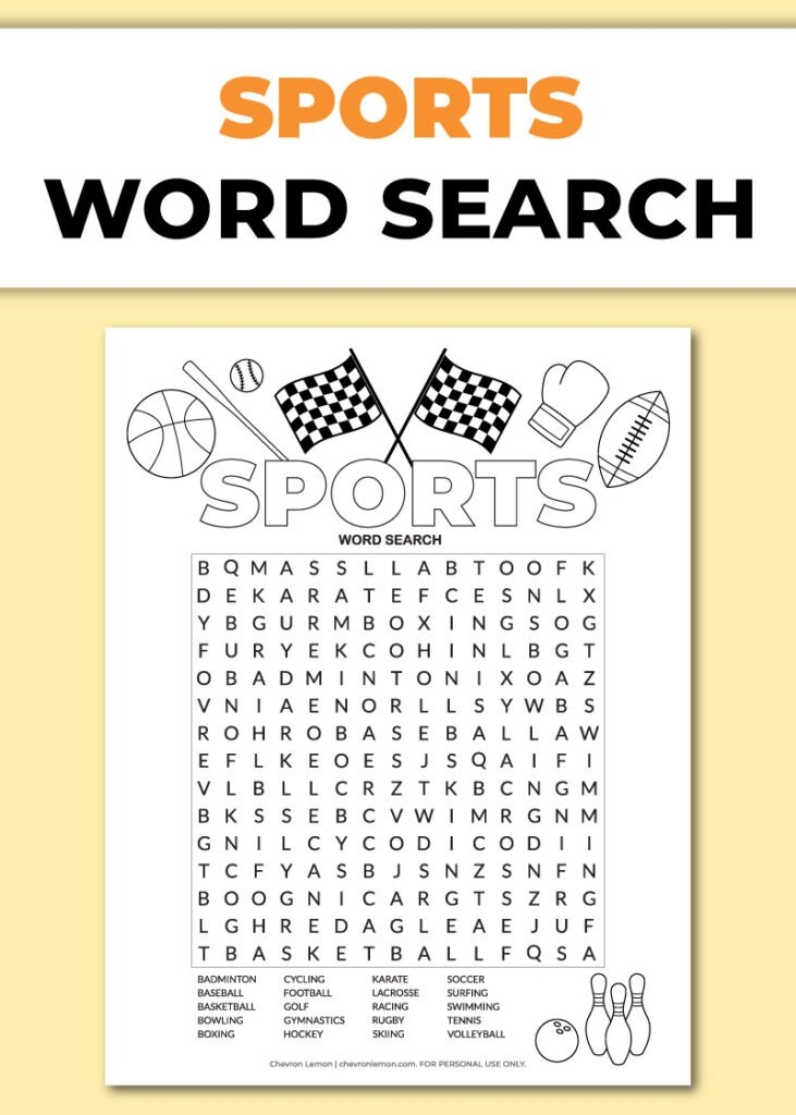 Free Printable Sports Word Search Puzzle Chevron Lemon | Printable Word ...