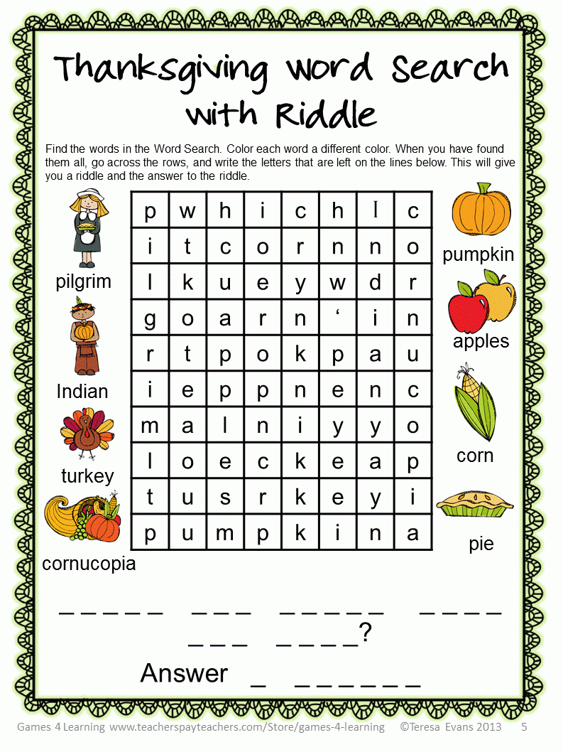 Fun Games 4 Learning Thanksgiving Word Puzzles FREEBIE