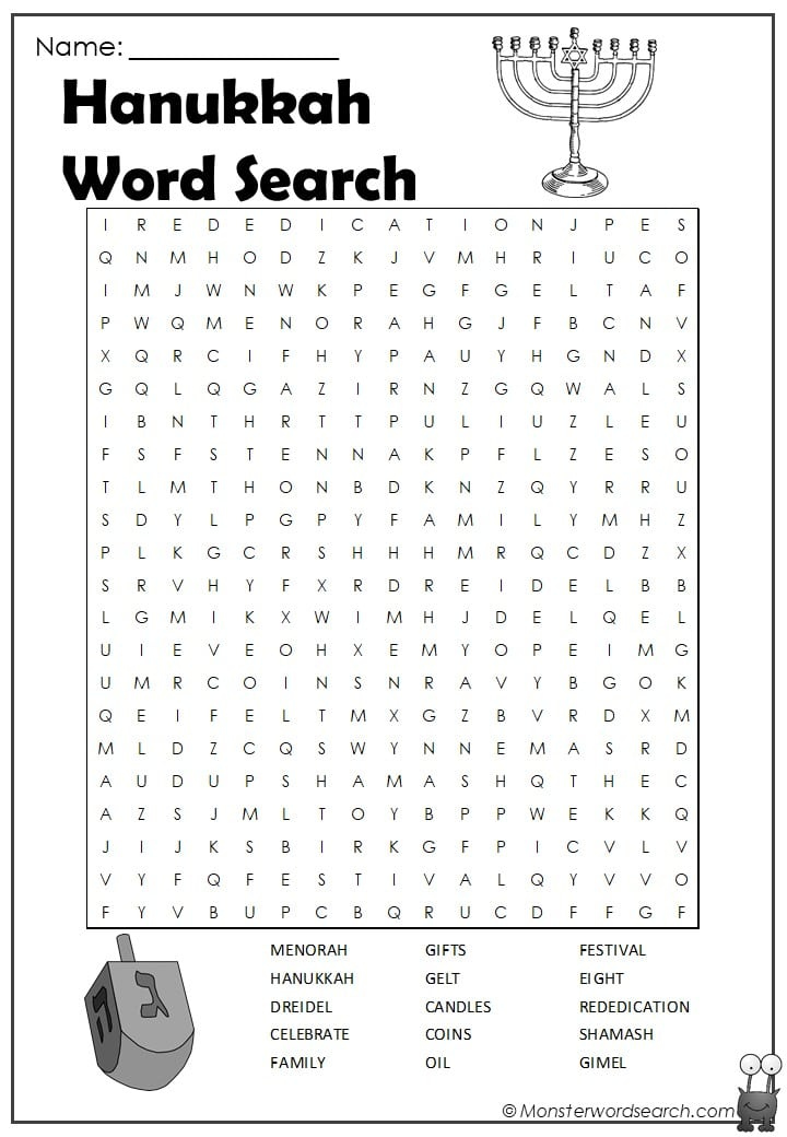 Hanukkah Word Search Monster Word Search