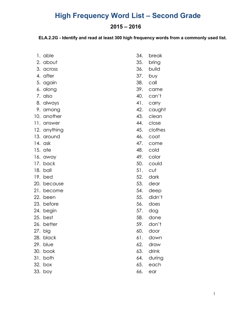 High Frequency Word List Second Grade 2016 2015