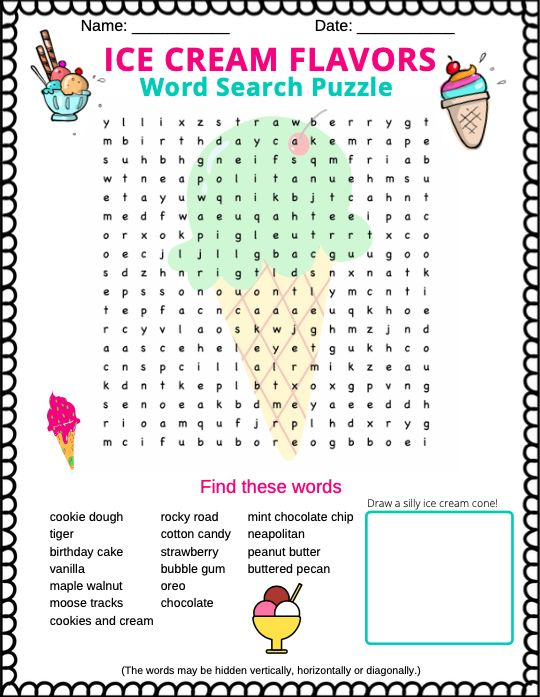 Ice Cream Word Search Puzzle free Printable PDF Word Puzzles For 