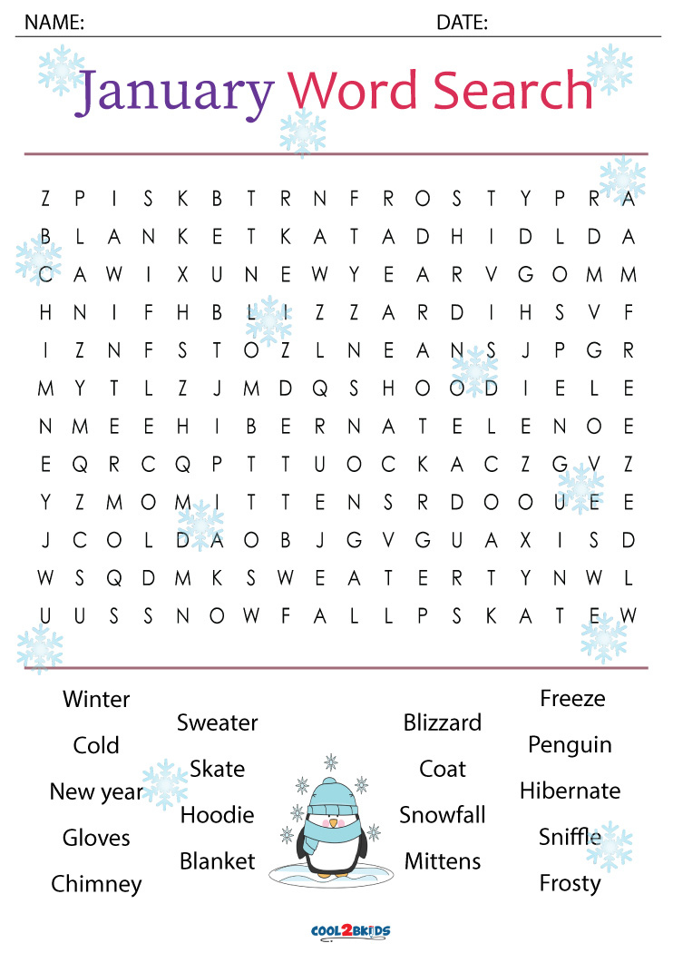 January Word Search Cool2bKids Printable Word Search