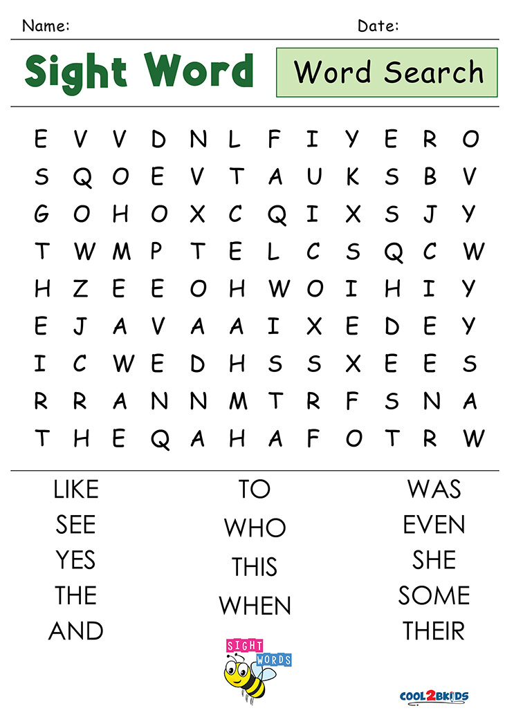 Kindergarten Word Search Cool2bKids