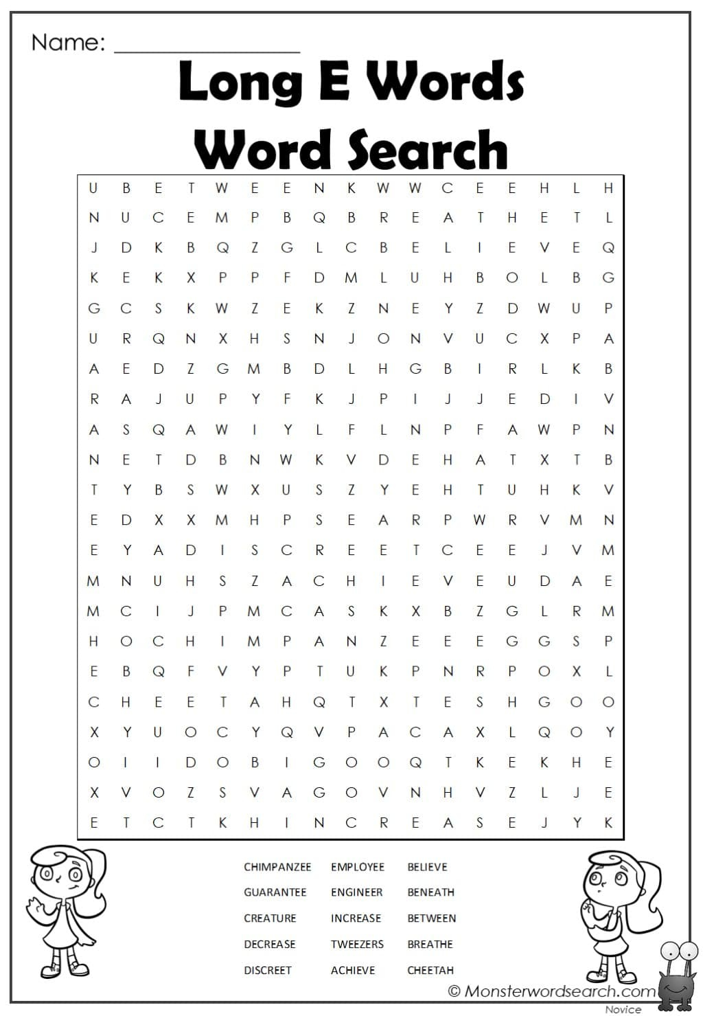 Long E Words Word Search Monster Word Search