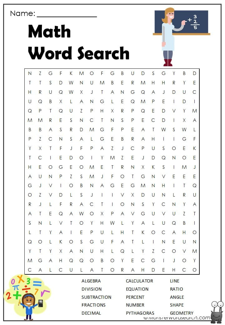 Math Word Search Monster Word Search