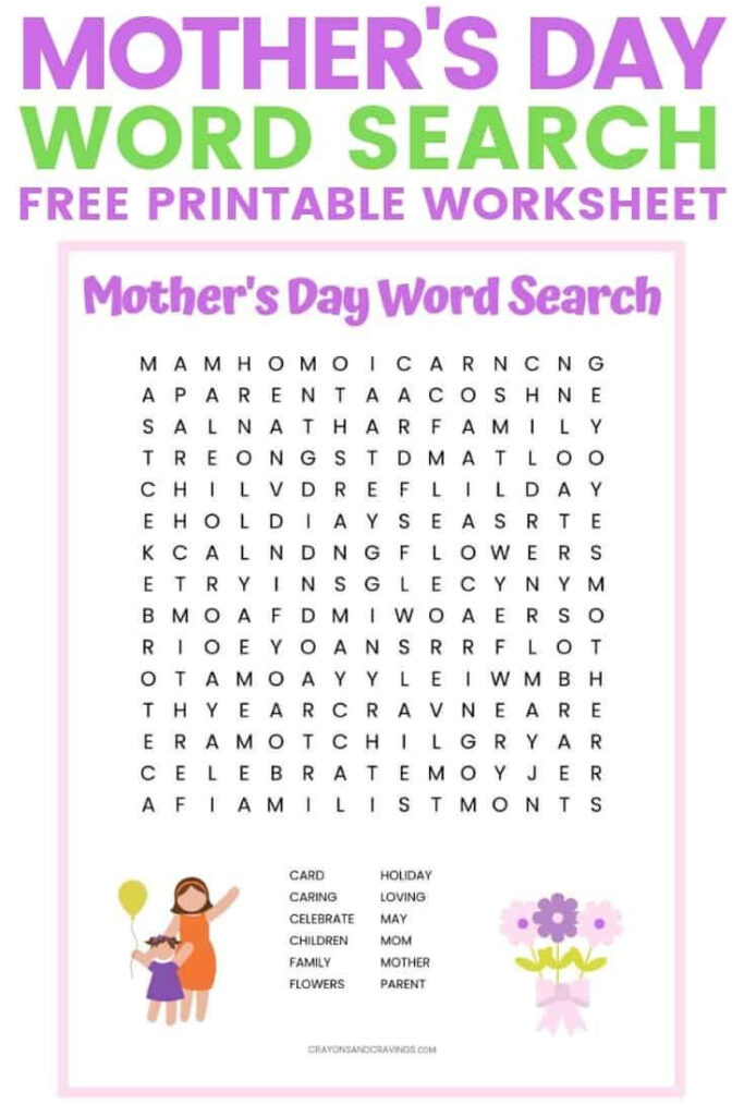 Mother S Day Word Search Printable Worksheet With 12 Mother S Day