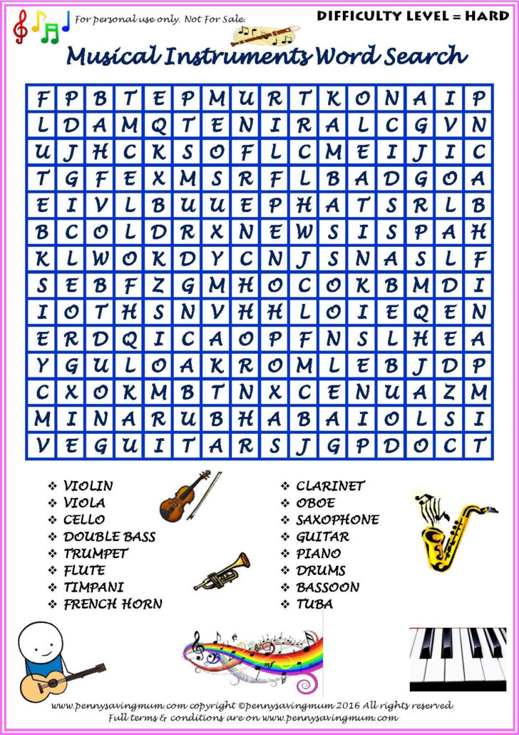 Word Search Free Printable Music