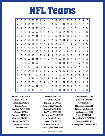 NFL Teams Word Search