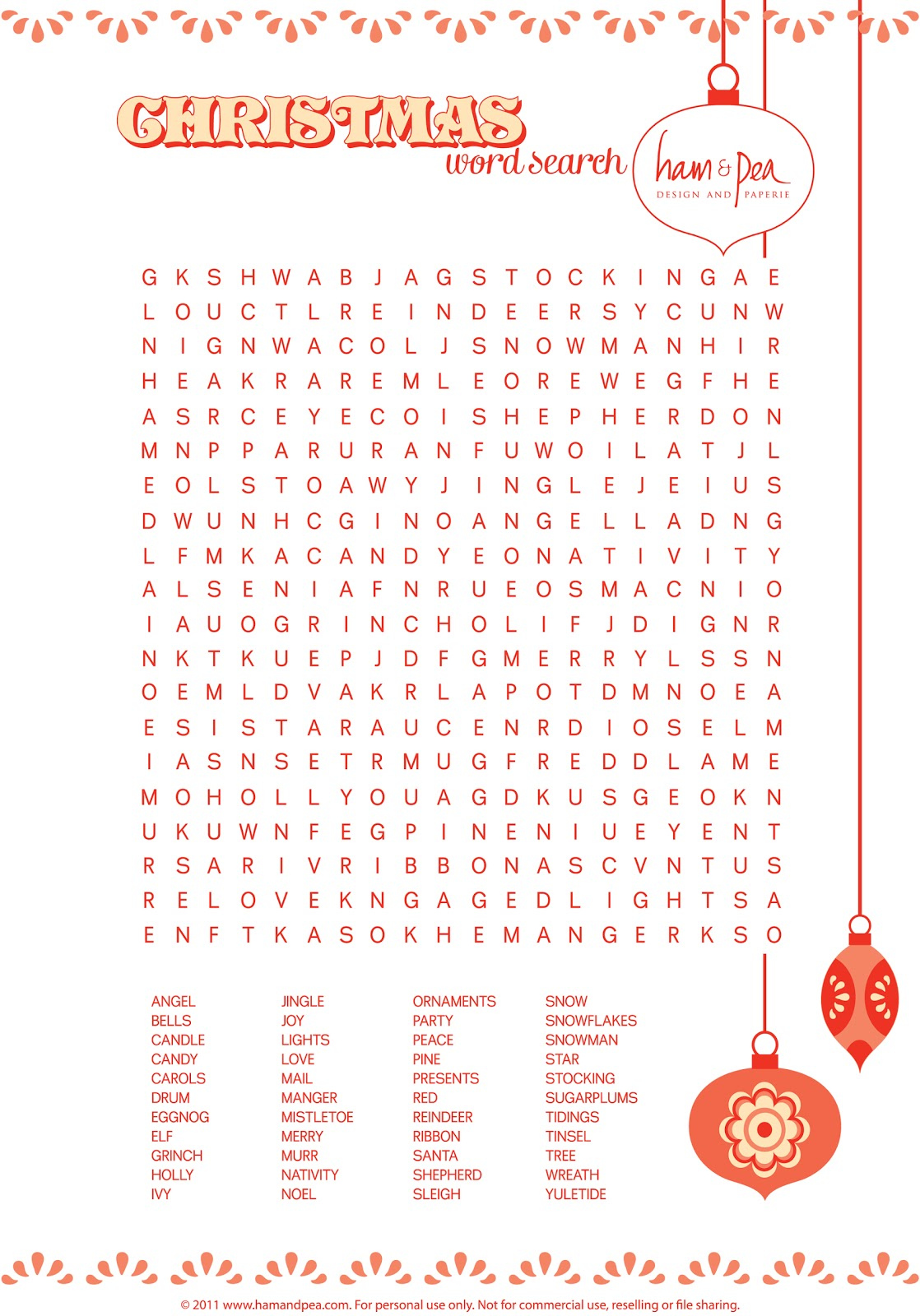 ONE LOVELY DAY Free Christmas Word Search