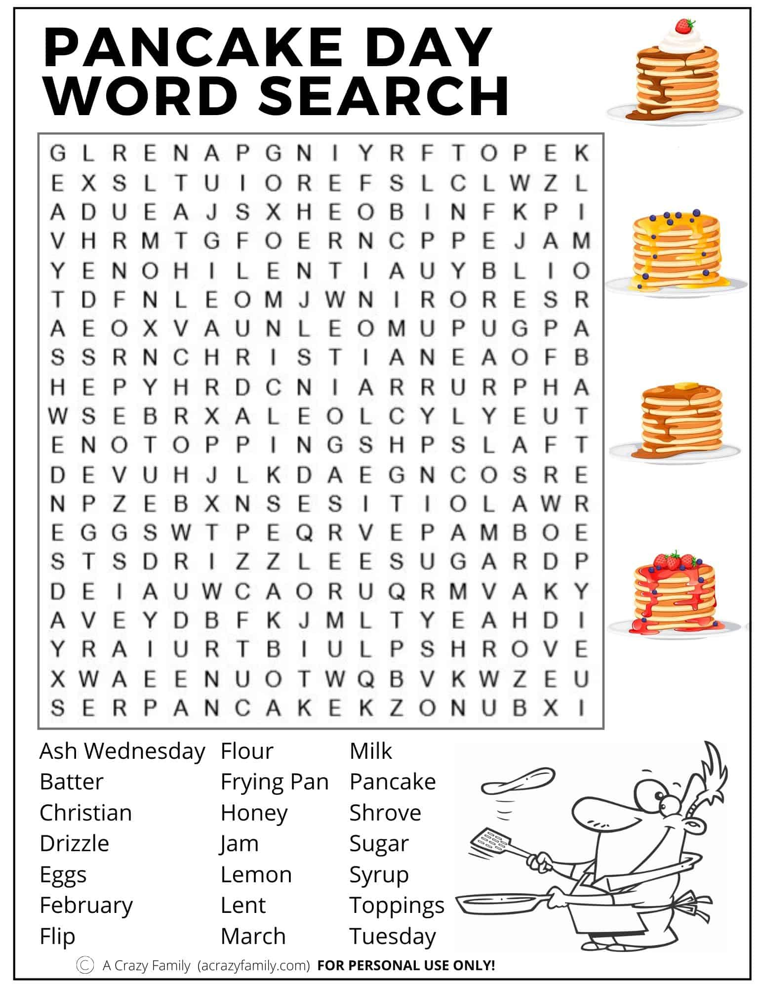 Pancake Day Word Search Printable