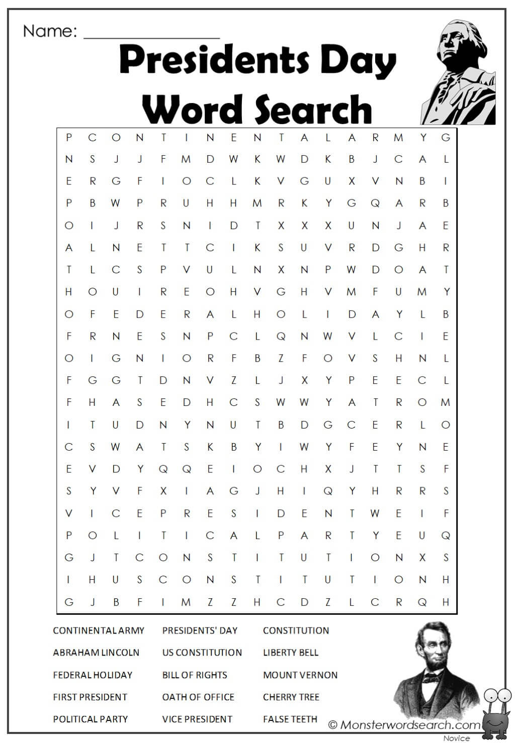 Presidents Day Word Search Monster Word Search