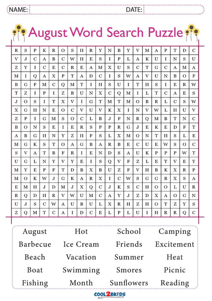 Printable August Word Search Cool2bKids