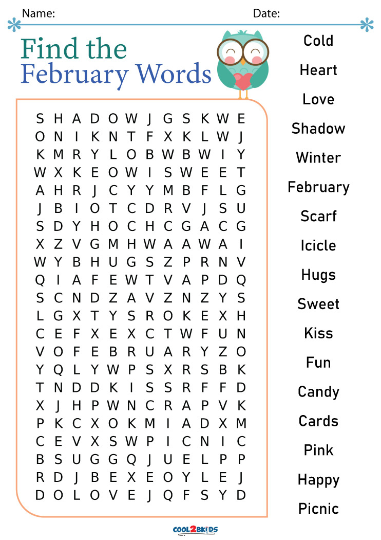 Printable February Word Search Cool2bKids