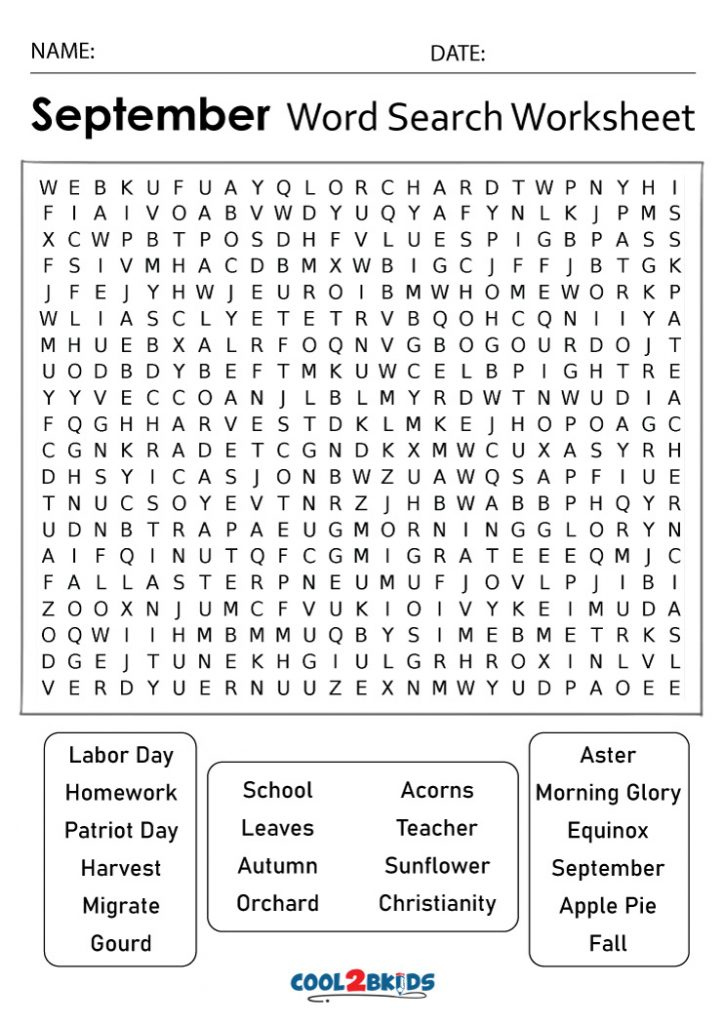 Printable September Word Search Cool2bKids