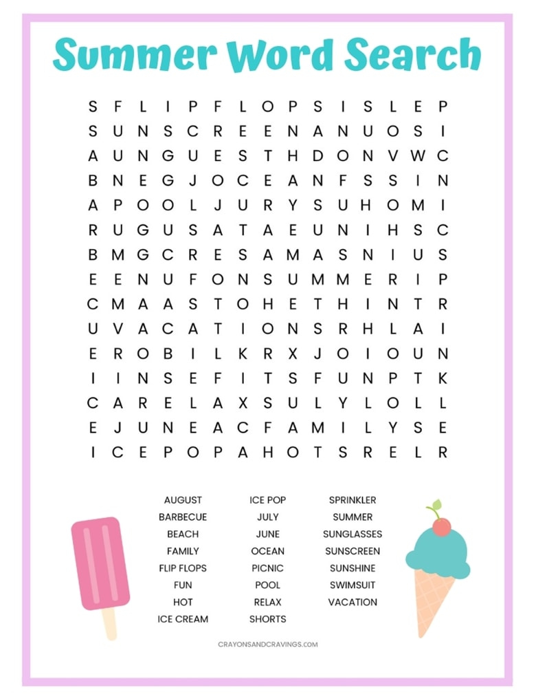 Summer Word Search FREE Printable Worksheet For Kids