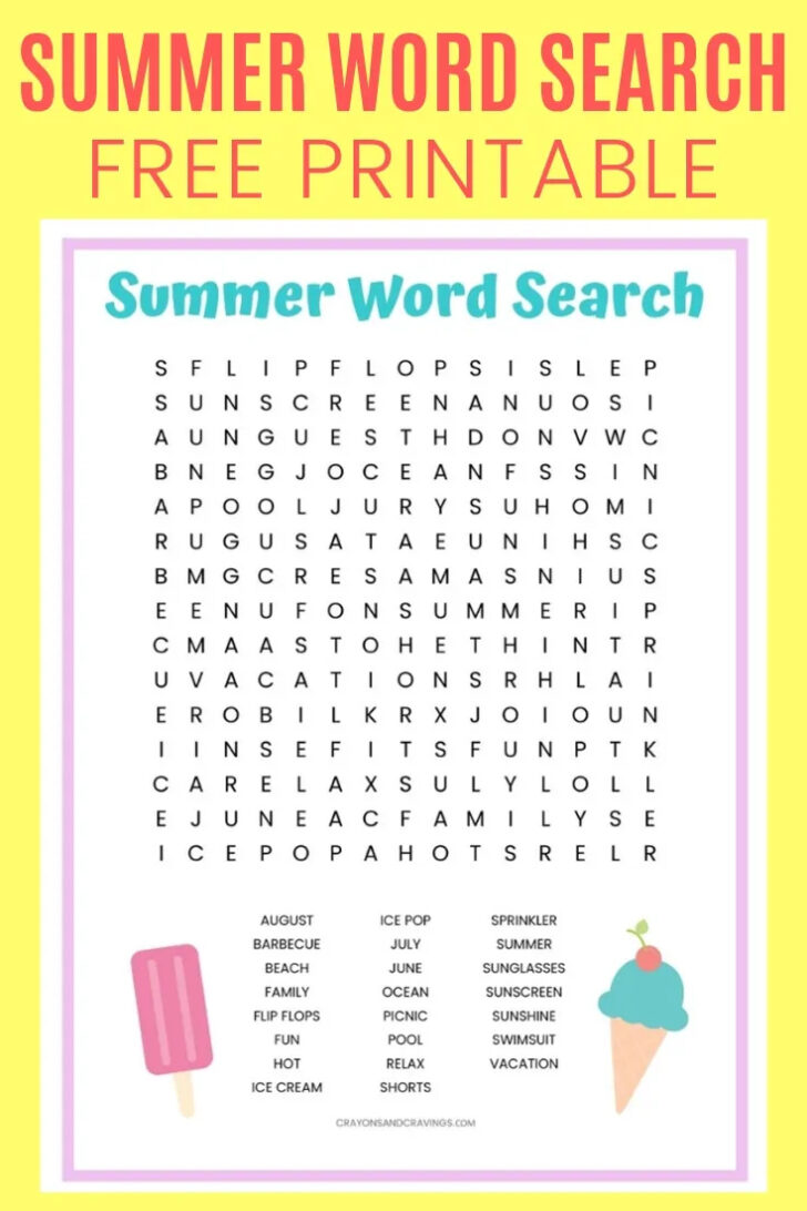 Kids Summer Word Search Printable