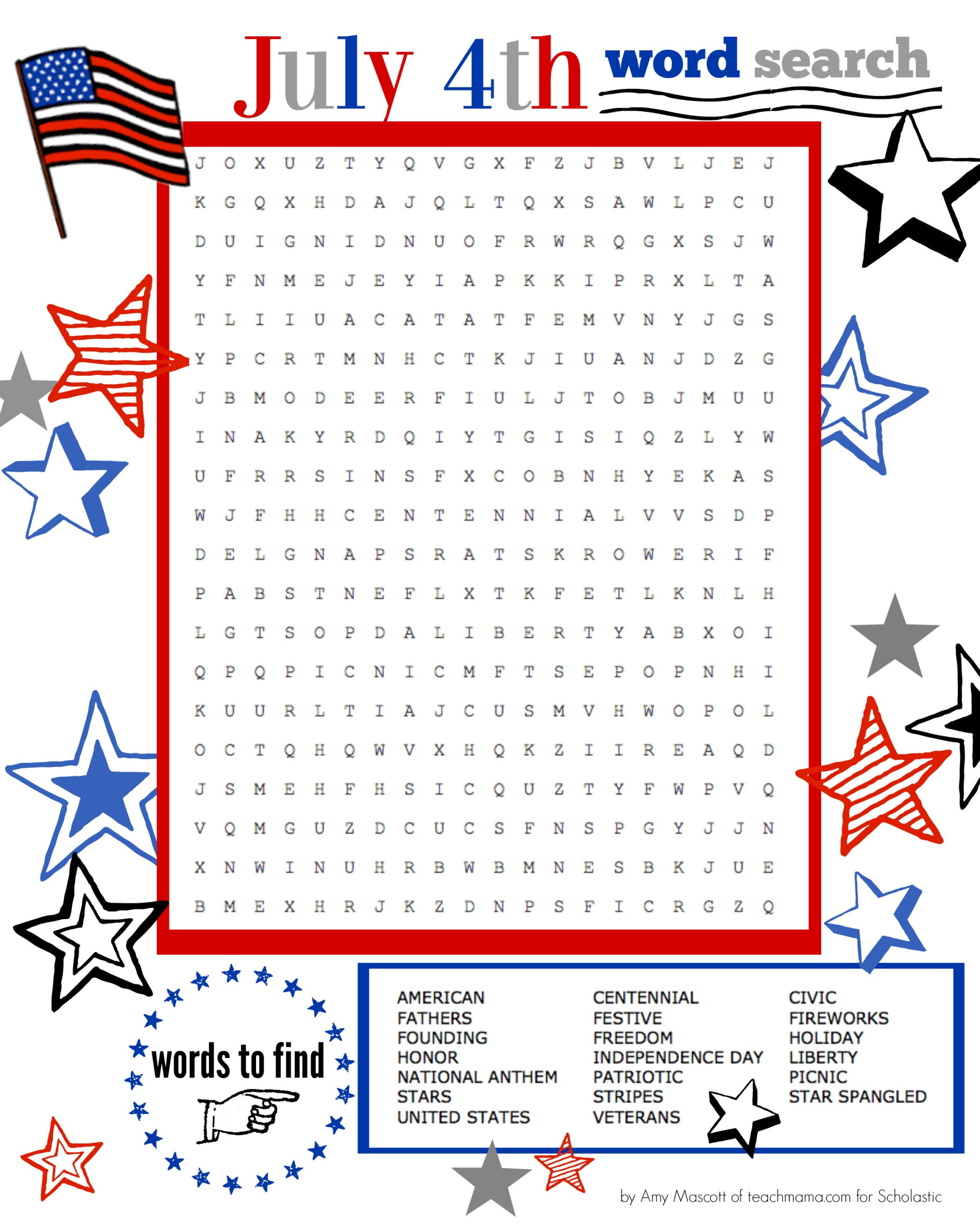 Superstar Celebration July 4th Word Search Printable Scholastic 