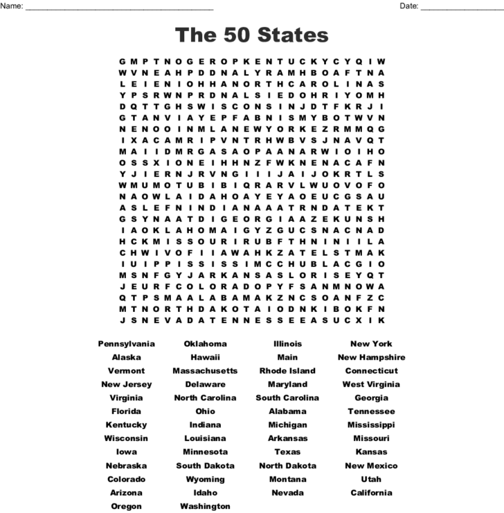Printable 50 States Word Search