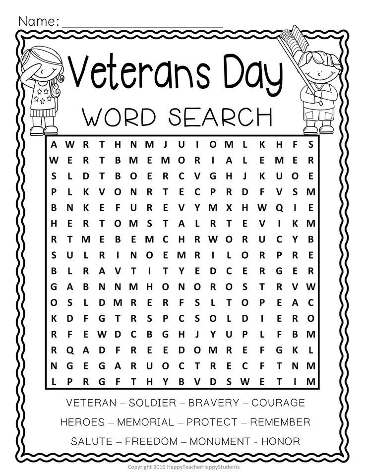 This Veterans Day Word Search Activity Includes VETERAN SOLDIER 