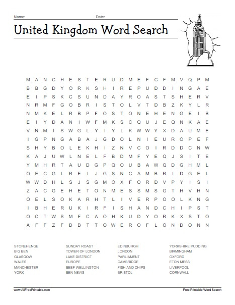 United Kingdom Word Search AllFreePrintable