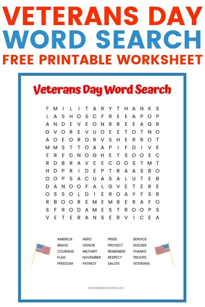 Veterans Day Word Search FREE Printable Worksheet